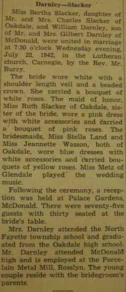 Marriage Notice for William DARNLEY to Bertha Slacker, 22 Jul 1942