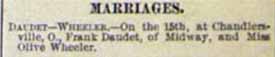Marriage Notice for Frank DAUDET to Olive Wheeler, 15 Aug 1897