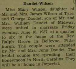 Marriage Notice for 
George DAUDET to Mary Wilson, 18 Jun 1937