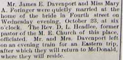 Marriage Notice for James E. DAVENPORT to Mary A. Foringer, 23 Oct 1912