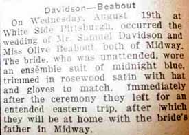 Marriage Notice for Samuel DAVIDSON to Olive Beabout, 19 Aug 1925