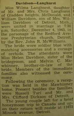 Marriage Notice for William DAVIDSON to Wilma Langhurst, 4 Dec 1943