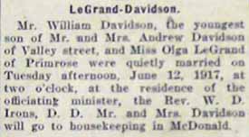 Marriage Notice for William DAVIDSON to Olga LeGrand, 12 Jun 1917