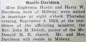 Marriage notice for Harry W. DAVIDSON to Euphemia Mastic, 4 Sep 1924