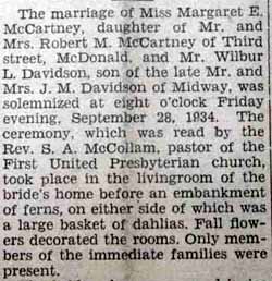 Part 1 Marriage Notice for Wilber L. DAVIDSON to Margaret E. McCartney, 28 Sep 1934