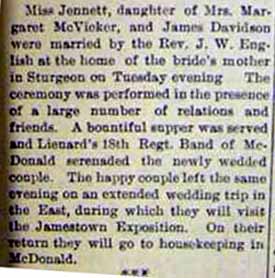 Marriage notice for James DAVIDSON to Jennett McVicker, no date, in 5-4-1907 paper