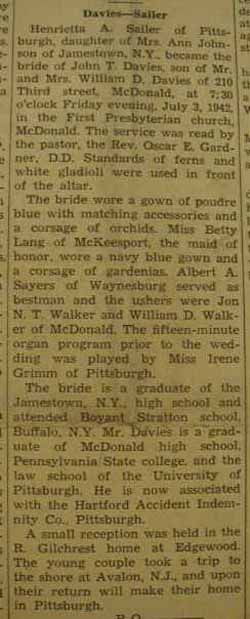 Marriage Notice for John T. DAVIES to Henrietta A. Sailer, 3 Jul 1942