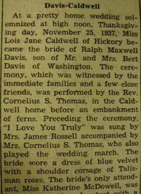 Part 1 Marriage Notice for Ralph Maxwell DAVIS to Lois Jane Caldwell, 25 Nov 1937