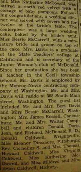Part 2 Marriage Notice for Ralph Maxwell DAVIS to Lois Jane Caldwell, 25 Nov 1937