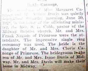 Marriage notice for 
Arthur DAVIS to Margaret Canonge, 30 Jun 1928