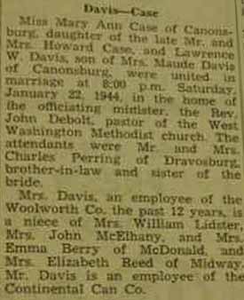 Marriage Notice for Lawrence W. DAVIS to Mary Ann Case, 22 Jan 1944