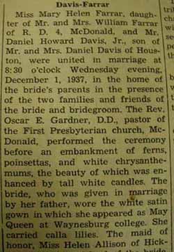 Part 1 Marriage notice for Daniel Howard DAVIS, Jr. to Mary Helen Farrar, 1 Dec 1937