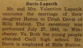 Marriage Notice for Uriah DAVIS to Hanna Lapacik, 27 July 1940