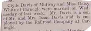 Marriage Notice for Clyde DAVIS to Daisy WHITE, Wednesday, no date, in 8-30-1912 paper