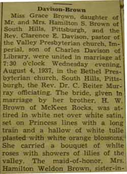 Part 1 Marriage notice for Clarence E. DAVISON to Grace Brown, 4 Aug 1937