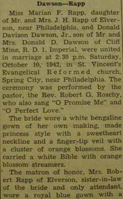 Part 1 Marriage Notice for Donald Davison DAWSON, Jr. to Marian F. Rapp, 10 Oct 1942