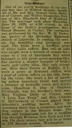 Marriage notice for 
Walter Teagarden DAY to Mildred Meanor, 28 Jun 1928