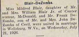 Marriage Notice for Mr. Frank DeZomba to Miss Mildred BLAIR, Wed., July 21, 1926