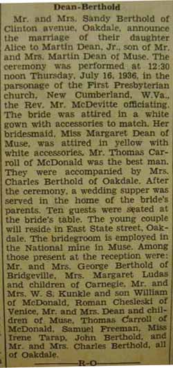 Marriage Notice for 
Martin DEAN, Jr. to Alice Berthold, 16 Jul 1936