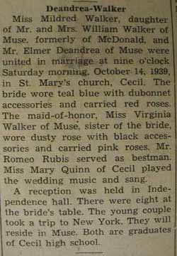 Marriage notice for 
Elmer DeANDREA to Mildred Walker, 14 Oct 1939