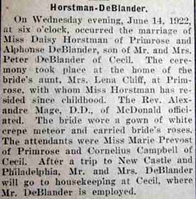 Marriage Notice for Alphonse DeBLANDER to Daisy Horstman, 14 Jun 1922