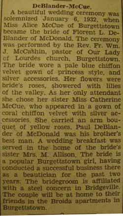 Marriage notice for  Florent L. DeBLANDER to Alice McCUE, 6 Jan 1932