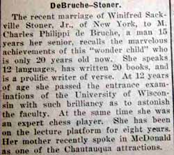 Marriage Notice for M. Charles Philippi de&nbsp;BRUCHE to Winifred Sackville Stoner, Jr., no date, in 7-14-1922 paper