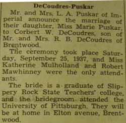 Marriage notice for Corbert W. DeCOUDRES to Marie Puskar, 25 Sep 1937