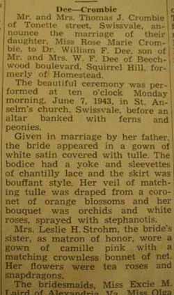 Part 1 Marriage notice for William F. DEE to Rose Marie Crombie, 7 Jun 1943