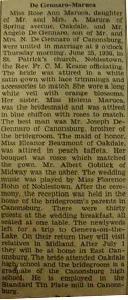 Marriage Notice for Angelo DeGENNARO to Rose Ann Maruca, 25 Jun 1936