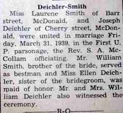 Marriage Notice for Joseph DEICHLER to Laurence Smith, 31 Mar 1939