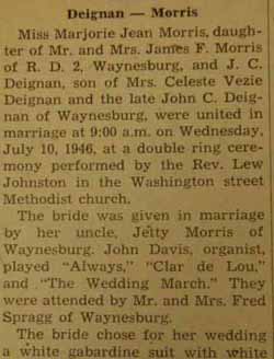 Part 1 Marriage notice for J. C. DEIGNAN to Marjorie Jean Morris, 10 Jul 1946