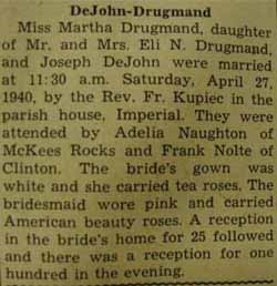 Marriage Notice for Joseph DeJOHN to Martha Drugmand, 27 Apr 1940