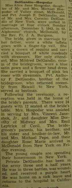 Marriage Notice for Joseph E. DELGANDIO to Alice Jane Hospodar, 5 Dec 1943