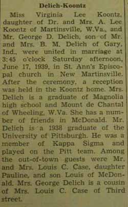 Marriage Notice for George D. DELICH to Virginia Lee Koontz, 17 Jun 1939