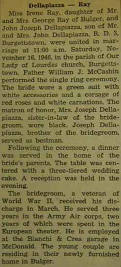 Marriage Notice for John Joseph DELLAPIAZZA to Irene Ray, 16 Nov 1946