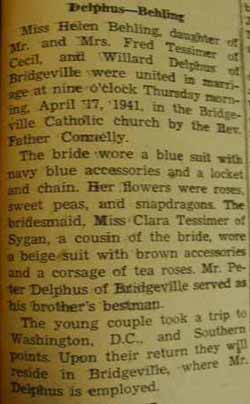 Marriage Notice for Willard DELPHUS to Helen Behling, 17 Apr 1941