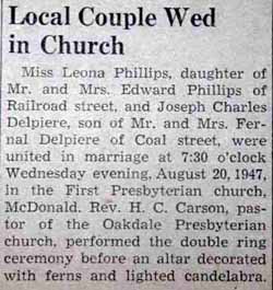 Article 1 Marriage Notice for Joseph Charles DELPIERE to Leona Irene Phillips, 20 Aug 1947
