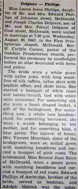 Article 1 Marriage Notice for Joseph Charles DELPIERE to Leona Irene Phillips, 20 Aug 1947