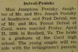 Marriage Notice for Fred DELVAL to Josephine Penisky, 21 Apr 1939