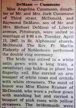 Part 1 Marriage Notice for Raymond DeMANN to Angelina Cusumano, 15 Apr 1947