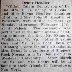 Marriage Notice for William Calvin DENNY to Edyna Hendler, 10 Feb 1929