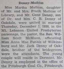 Marriage Notice for Gene DENNY to Martha Mathias, 1 Dec 1938