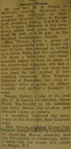 Marriage Notice for Jack Pershing DENNY to Dorothy Ellen Thoma, 26 Jun 1943