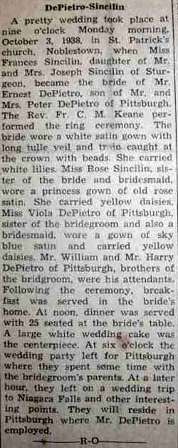 Marriage Notice for Ernest DePIETRO to Frances Sincilin, 3 Oct 1938