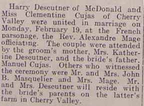 Marriage Notice for Harry DESCUTNER to Miss Clementine CUJAS, Monday, Feb. 19, 1912