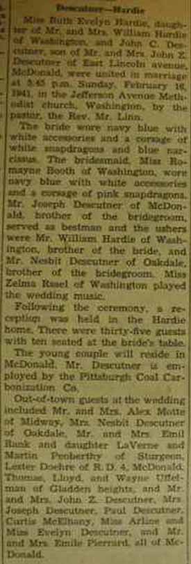 Marriage Notice for John C. DESCUTNER to Ruth Evelyn Hardie, 16 Feb 1941