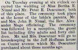 Marriage Notice:  Peter E. DESCUTNER to Miss Bertha E. NIMAL, 1911