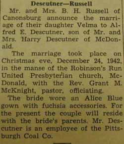 Marriage Notice for Alfred E. DESCUTNER to Velma Russell, 24 Dec 1942