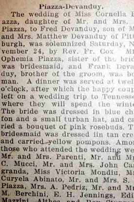 Part 1 Marriage Notice for Fred DEVANDUY to Cornelia Piazza, 24 Nov 1928